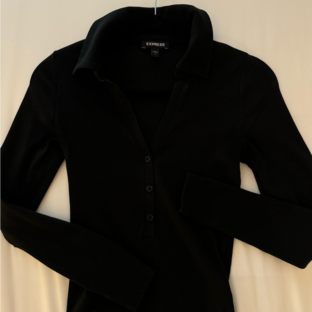Express Women’s Black Collared Long Sleeve Bodysuit